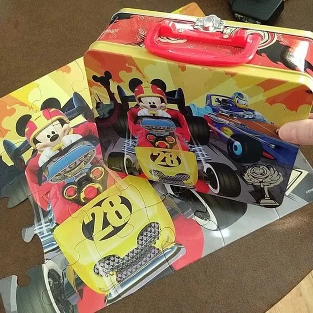 Mickey and Donald Race Car Tin Lunchbox and jigsaw puzzle one missing piece